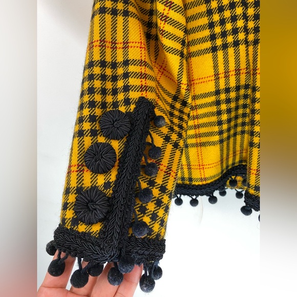 VTG 80s Bill Blass Plaid Wool Blazer Yellow & Black Embroidered Pom Poms Sz 8 - Picture 6 of 11